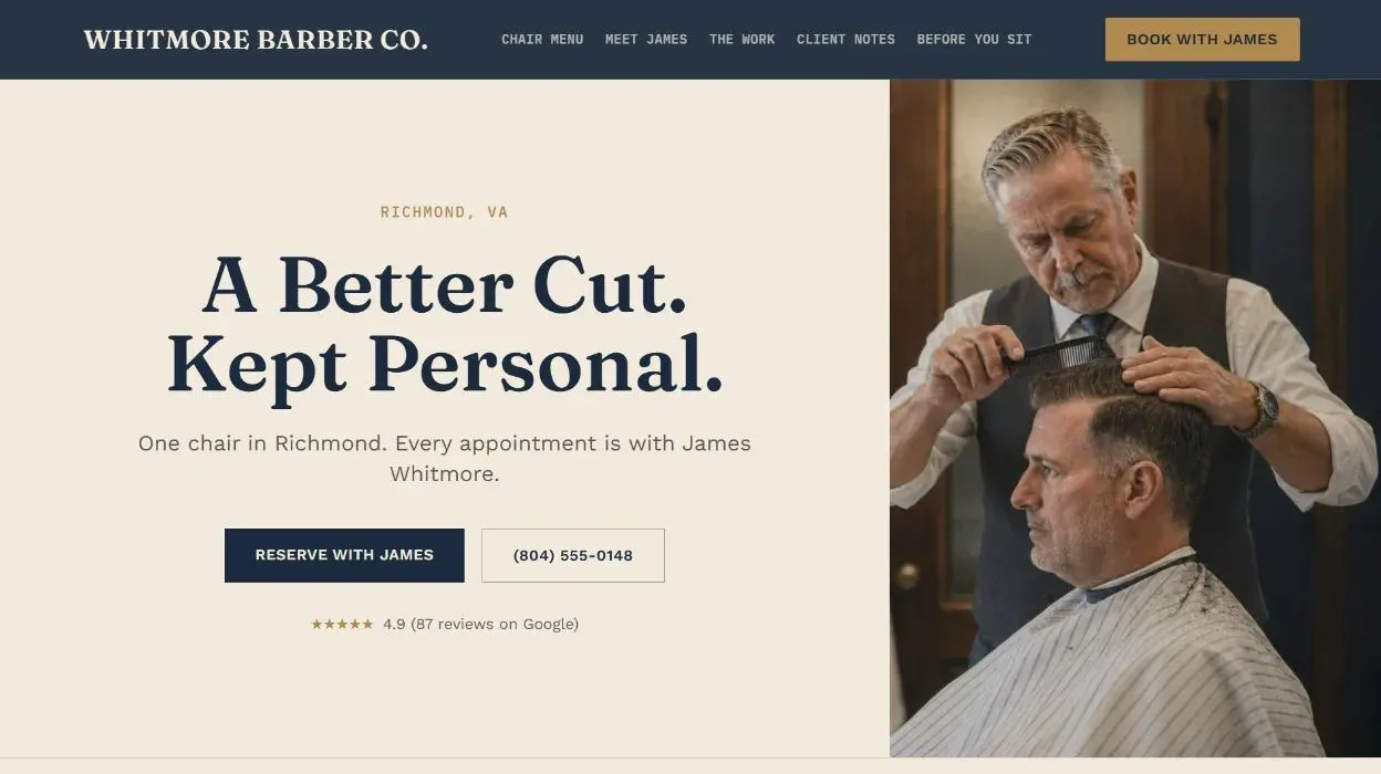 WHITMORE BARBER CO. working demo — desktop preview